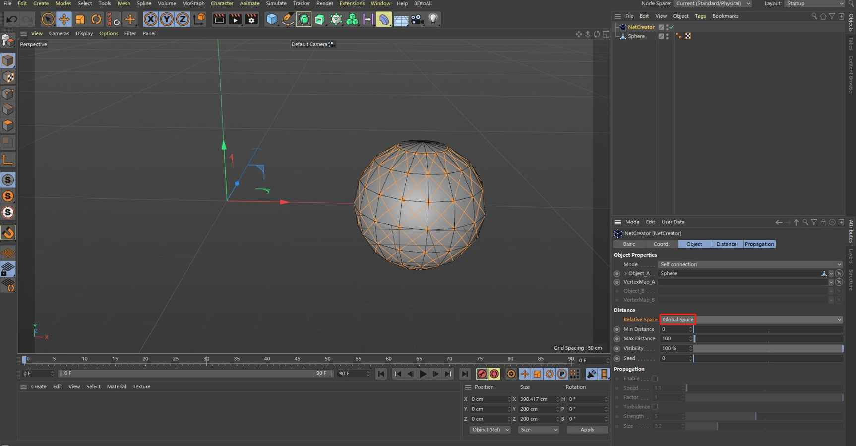 The position of generated splines object based on object coordinate system