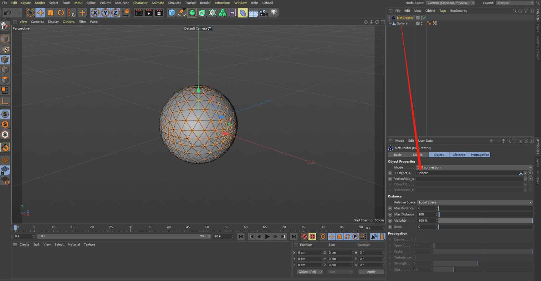 Drag the polygonal sphere object to NetCreator plugin’s attribute “Object_A”
